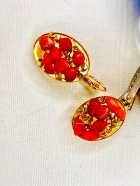 Red Coral Earrings Handmade Gemstone Dangle Gold Statement Gift